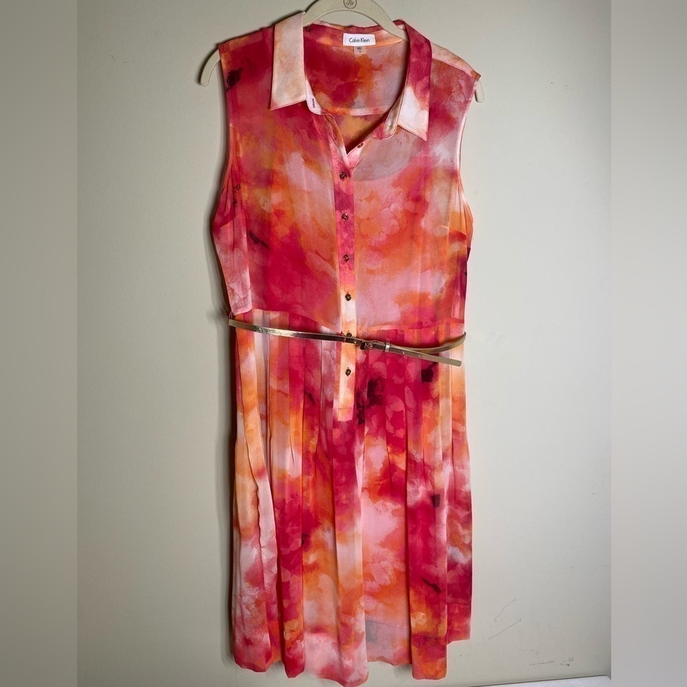 Calvin Klein Pleated Sheer Sleeveless Dress with Belt 12